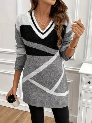 Runiquehome Kadın Uzun Kollu V Yakalı Kısa Triko Elbise