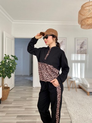 Runiquehome Kadın Uzun Kollu Leopar Detay Sweat ve Yanı Leopar Şerit Detay Pantolon Ikili Takım