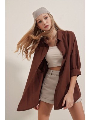 Runiquehome 3900 Oversize Uzun Basic Gömlek - Kahverengi