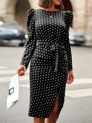 Runiquehome Kadın Uzun Kollu Yuvarlak Yaka Belden Kuşaklı Önden Yırtmaçlı Örme Krep Elbise