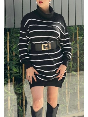 Runiquehome Kadın Uzun Kollu Degaje Yaka Çizgili Sonya Iplik Mini Boy Triko Elbise (Kemersiz)