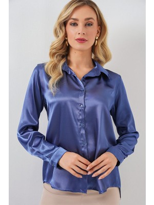 Runiquehome 3964 Hafif Dökümlü Saten Gömlek - C.lacivert