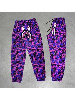 Runiquehome Iki Iplik Mevsimlik Bape Nakişli Eşofman Pantolon - Mor