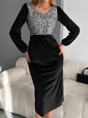 Runiquehome Kadın Fırsat Ürünü Leopar Desen Pul Payet Işlemeli Midi Boy Kadife Kumaş Elbise