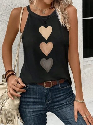 Runiquehome Kadın Omuzlardan Açık Boyundan Askılı Kalp Baskılı Viskon Bluz