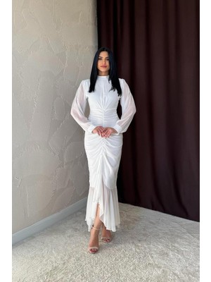 Runiquehome Beyaz Önü Büzgülü Şifon Elbise