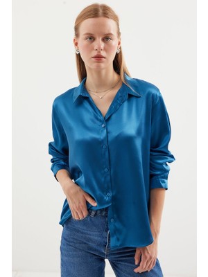 Runiquehome 3964 Hafif Dökümlü Saten Gömlek - Petrol