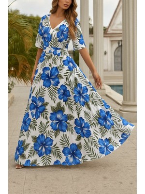 Runiquehome Kadın Kısa Kollu V Yakalı Desenli Süprem Elbise