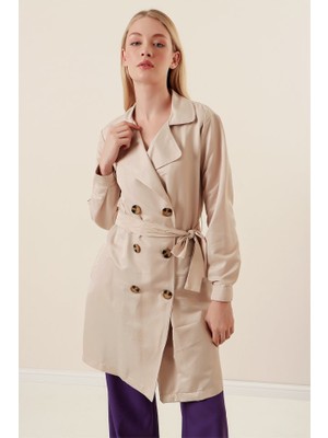 Runiquehome 5864 Kruvaze Yaka Kısa Trençkot - Bej