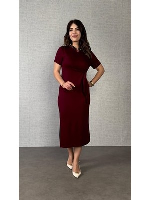 Runiquehome Kadın Kısa Kollu Bisiklet Yaka Yandan Bağlamalı Viskon Iki Iplik Elbise