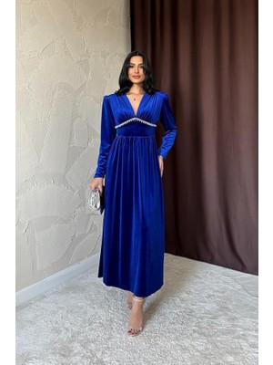 Runiquehome Saks Göğüs Altı Taşlı Elbise