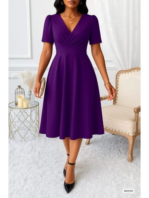 Runiquehome Kadın Kruvaze Yaka Kısa Kollu Midi Boy Krep Kumaş Elbise