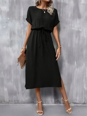 Runiquehome Kadın Kısa Kollu Yakası Açık Belden Bağlamalı Yırtmaçlı Viskon Elbise