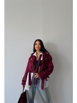 Runiquehome Süet Crop Ceket Kol 3 Kemer Detaylı - Bordo