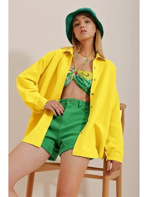 Runiquehome Kadın Keten Kumaş Oversize Gömlek