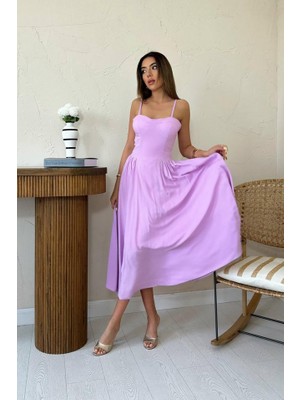 Runiquehome Lila Göğüs Kuplu Uzun Büzgülü Elbise