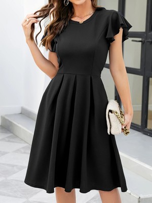 Runiquehome Kadın Kelebek Kollu Bisiklet Yakalı Pileli Ithal Krep Elbise