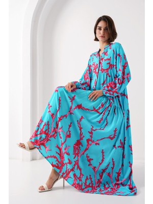 Runiquehome 2423 Otantik Desenli Tesettür Elbise - Buz Mavi