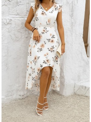 Runiquehome Kadın Kısa Kollu V Yakalı Çiçek Desenli Önü Kısa Arkası Uzun Pegasus Elbise