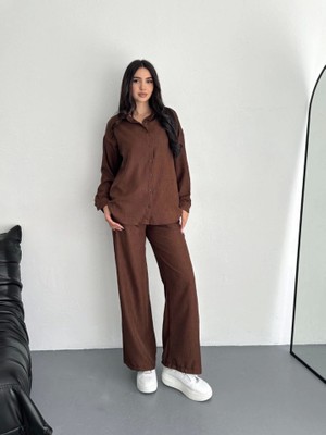 Runiquehome Gömlek Pantolon Ikili Takım - Kahverengi