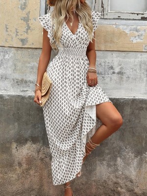 Runiquehome Kadın Kısa Kelebek Kollu Kruvaze Yakalı Desenli Süprem Elbise