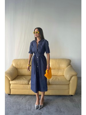 Runiquehome Tencel Önden Düğmeli Kısa Kol Elbise - Mavi