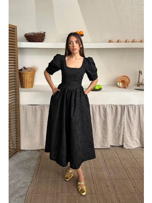 Runiquehome Siyah Balon Kollu Brode Elbise