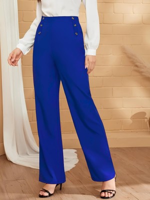 Runiquehome Kadın Düğme Detay Bol Paça Ithal Krep Pantolon