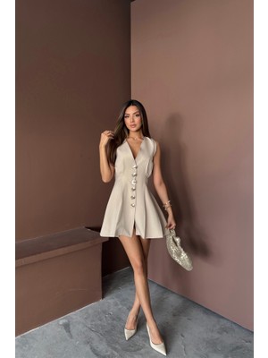 Runiquehome Kolsuz Gold Düğme Elbise Pens ve Pileli Kısa - Bej