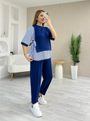 Runiquehome Kadın Kristal 2 Iplik Kumaş Yanları Çizgili Takım