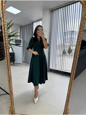 Runiquehome Kadın Kısa Kollu Bisiklet Yaka Fiyonk Broşlu Midi Janjan Krep Elbise