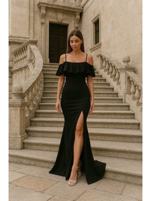 Runiquehome Kadın Dalgıç Krep Yırtmaç Detaylı Askılı Maxi Boy Elbise