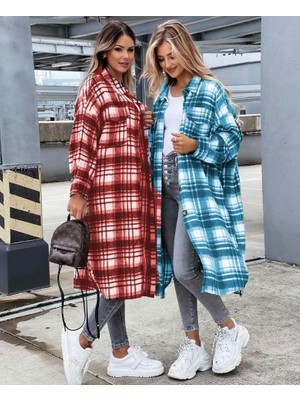 Runiquehome Kadın Kırmızı Uzun Ekose Detay Fırsat Ürün Ekose Ceket