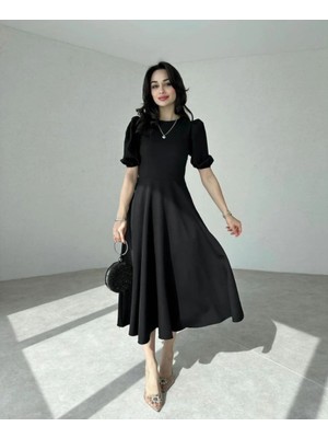 Runiquehome Kadın Kısa Balon Kollu Bisiklet Yaka Geniş Kesim Janjan Krep Elbise