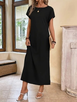 Runiquehome Kadın Uzun Kollu Yakası Açık Viskon Elbise