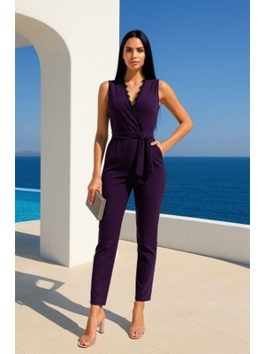 Runiquehome Kadın Kruvaze Yaka Dantel Güpür ve Kuşak Detay Tulum