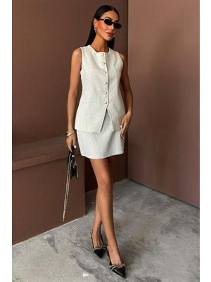 Runiquehome Uzun Yelek Mini Etek Flamlı Keten Takım 10148