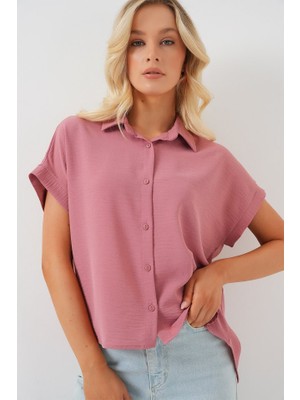 Runiquehome Oversize Kısa Kol Gömlek 20322 - Pembe