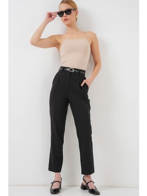 Runiquehome Pileli Kemerli Kumaş Pantolon 6725 - Siyah