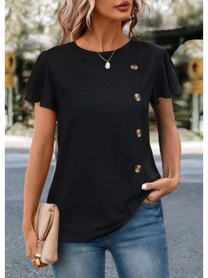 Runiquehome Kadın Kısa Kollu Bisiklet Yaka Yandan Düğmeli Viskon Bluz