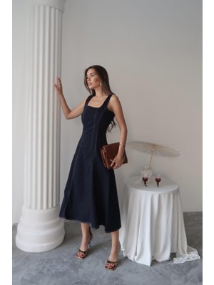 Runiquehome Lacivert Çift Dikişli Gabardin Elbise