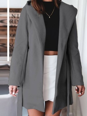 Runiquehome Kadın Uzun Kollu Belden Kuşaklı Kapşonlu Kısa Kaşe Kaban