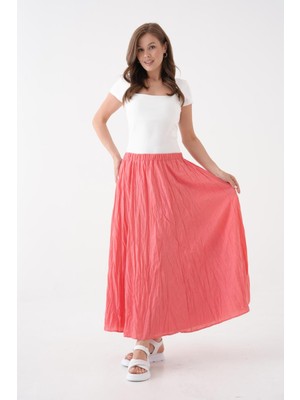 Kadın Nar Vual Kumaş Kırışık Uzun Astarlı Etek 29062