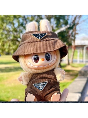 Yeni Kadife Labubu Bebek Giyim Seti Şapka 17 cm Elbise Ayakkabı Bebek(Sadece Elbıse Seti Şapka ve Tulum)Brown