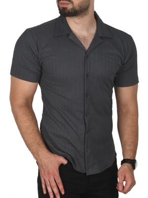 Deepsea Slim Fit Pamuklu Apaş Yaka Kısa Kol Penye  Gömlek Dokulu Jakar Kumaş Dar Kesim Spor Gömlek 2501216