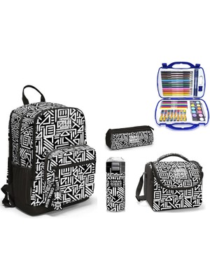 Coral High Siyah Beyaz Geometrik Desenli Çelik Termoslu Ilkokul Çanta Seti – Beş Parçalı Set