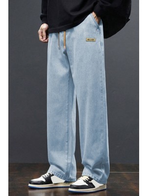 Erkek Açık Mavi Baggy Beli Lastikli Likralı Düz Paça Bol Kesim Rahat Denim Jean Pantolon RF0480