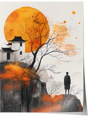 Çerçevesiz Poster, Dağ Manzarası, Japon Tapınağı, Su Mürekkebi Tarzı Poster No: 106527