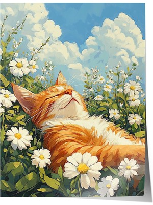 Çerçevesiz Poster, Papatyalar Arasında Yatan Kedi, Bahar Havası Poster No: 107346