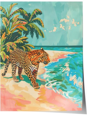 Çerçevesiz Poster, Leopar, Tropik Plaj Arka Planı, Dijital Sanat Poster No: 106553